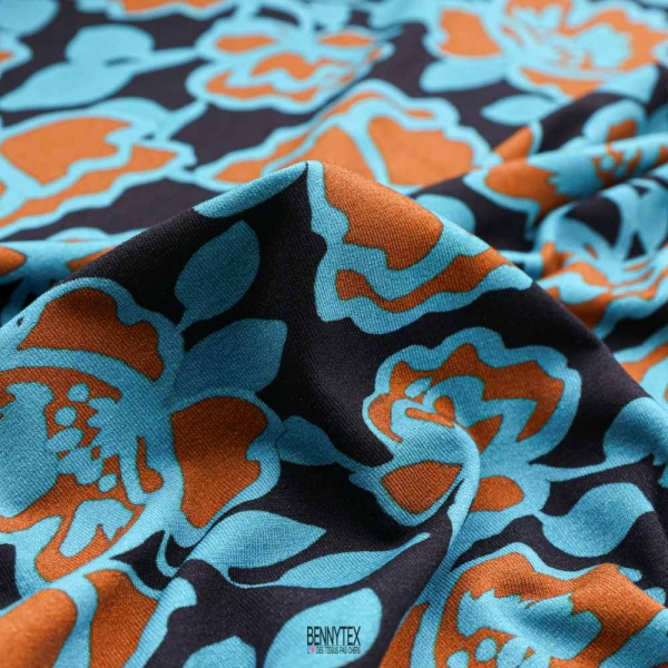 maille jersey viscose elastane fond bleu marine fleurs camel bleu