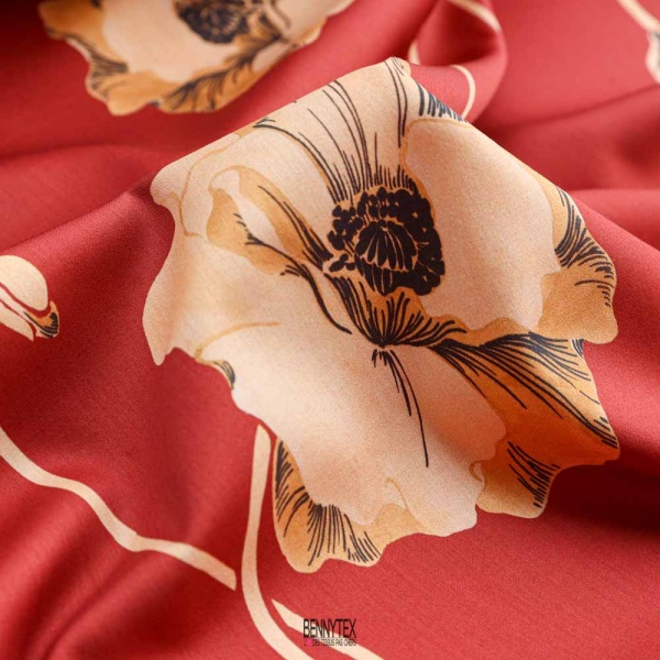 satinette de coton swiss fond carmin rouge fleurs beige