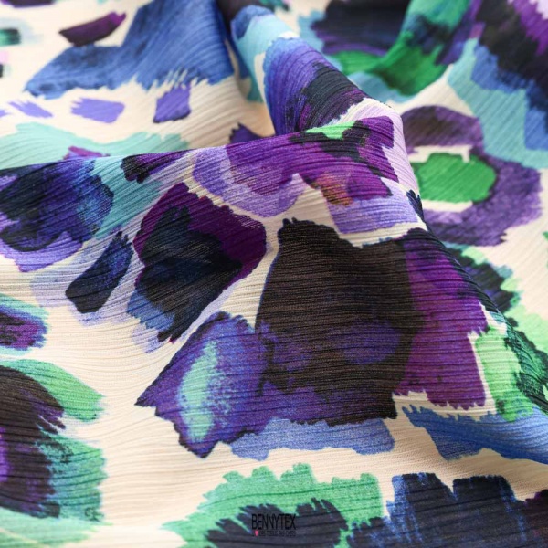 krinkle polyester froissée floral fond beuge prune bleu vert luxe