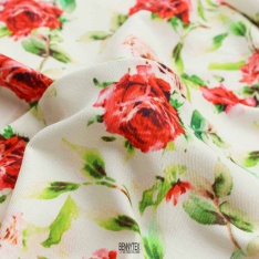 sergé viscose et coton fond blanc cassé fleurs rose