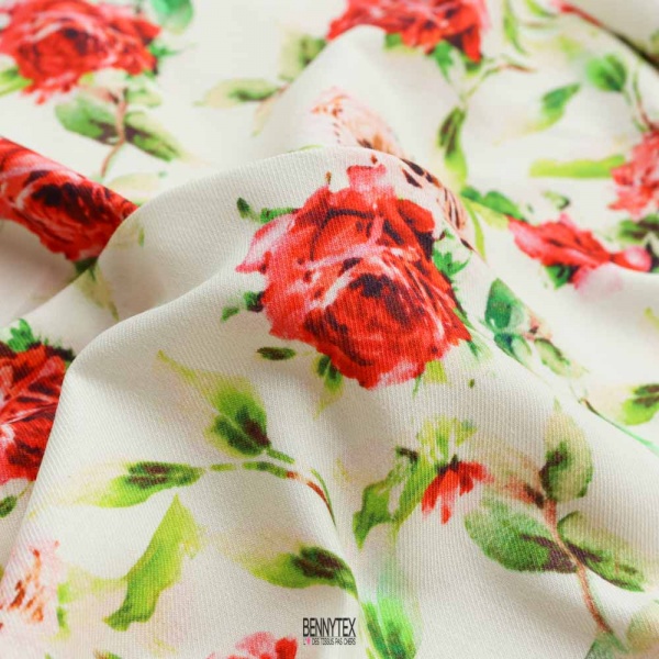 sergé viscose et coton fond blanc cassé fleurs rose