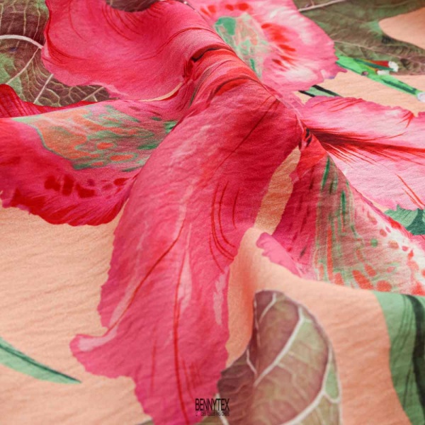 Fibranne viscose polyamide fond saumon pale grosse fleurs