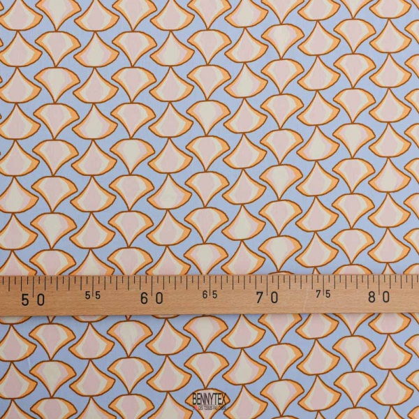 satin viscose dessin eventail fond bleu ciel