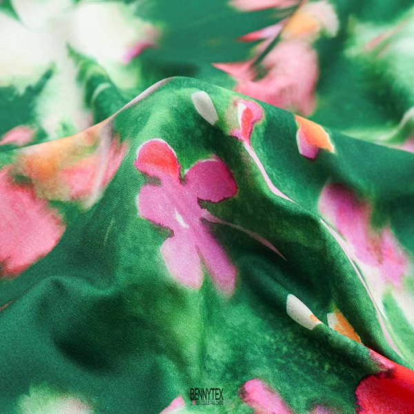 satin de coton lourd digitalisé tropical fond vert rose fushia clair