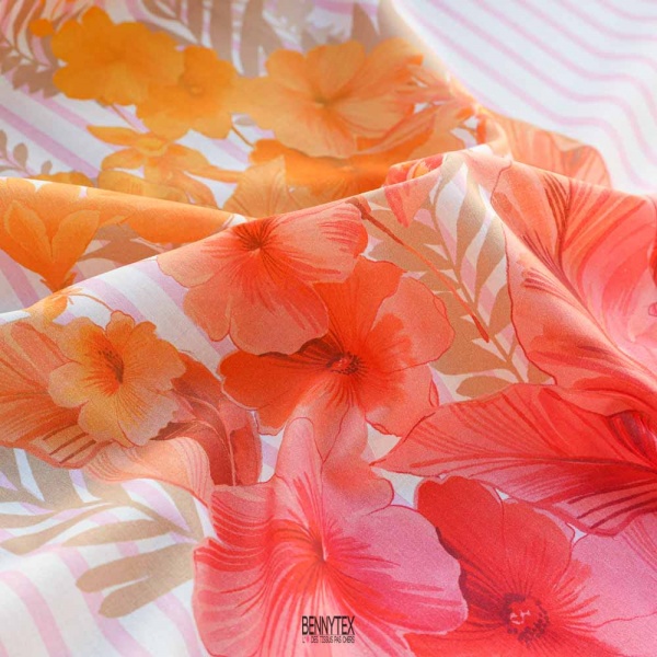 VOILE DE COTON RAYURE ROSE BOUQUET BASE AU CENTRE