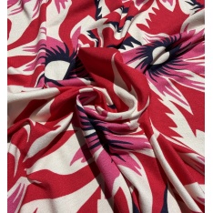 Jersey viscose imprimé grande fleurs tropicales fond grenadine blanc discret
