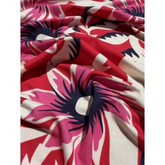 Jersey viscose imprimé grande fleurs tropicales fond grenadine blanc discret