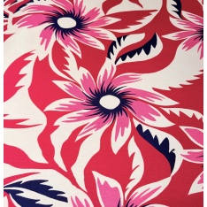 Jersey viscose imprimé grande fleurs tropicales fond grenadine blanc discret