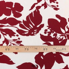 Jersey viscose imprimé grande fleurs tropicales fond ecru fleurs bordeau