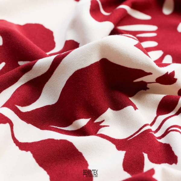 Jersey viscose imprimé grande fleurs tropicales fond ecru fleurs bordeau