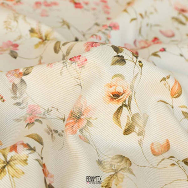 gabardine sergé de coton de luxe digital peite fleurs pastel fond cafe au lait