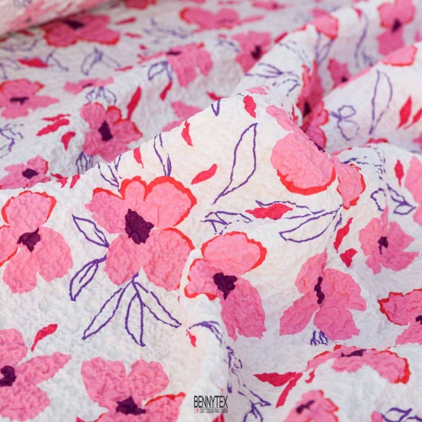 seersucker gauffré polyester recyclé fond blanc fleur rose