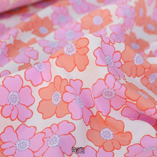 popeline de coton fleurs fond ecru