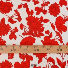 Satin viscose imprimé digital floral fond blanc cassé fleur rouge