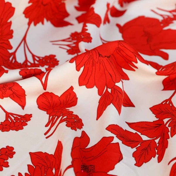 Satin viscose imprimé digital floral fond blanc cassé fleur rouge