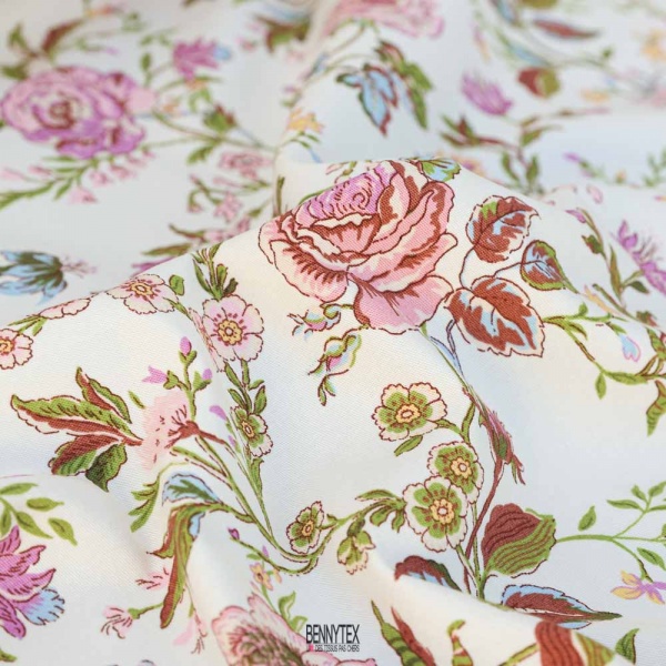 gabardine stretch coton legere et souple fleurs fond blanc cassé