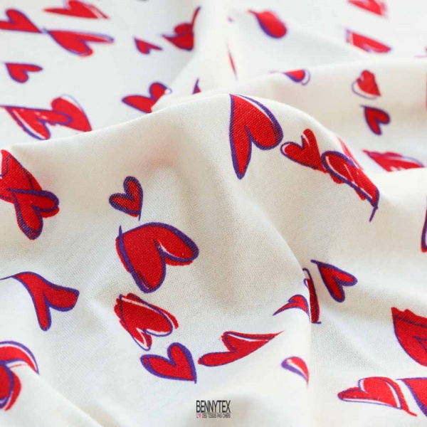 maille jersey coton petit coeur fond blanc cassé