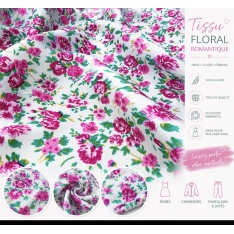 satin de viscose de luxe calzedonie fond blanc cassée fleurs fushia feuille verte