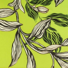 satin de viscose de luxe dessin grosse feuilles fond anis