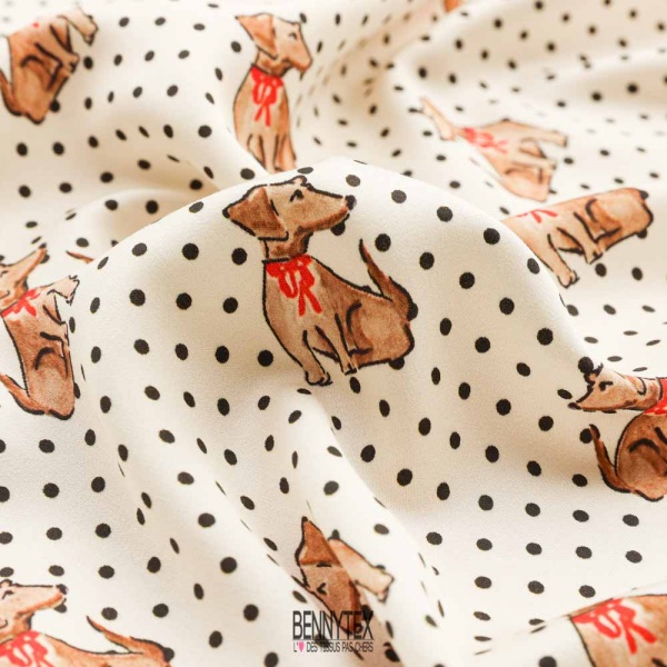 satinette viscose petit chien chien et poids noir fonb blanc