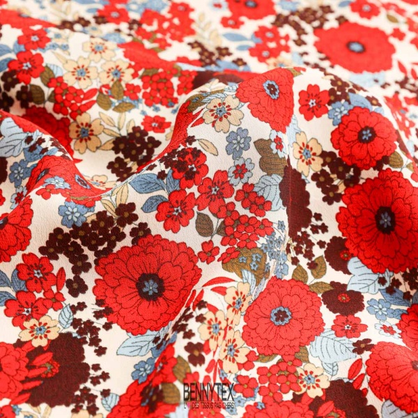 crepe viscose style libertad fond blanc cassé fleurs ton de rouge bordeau prune