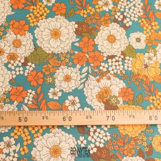 jersey viscose lourd de luxe indigo aqua fleurs orange ecru marron clair