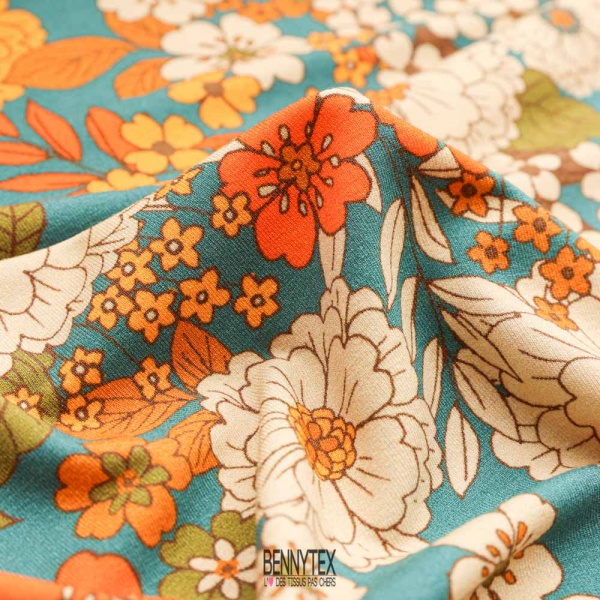 jersey viscose lourd de luxe indigo aqua fleurs orange ecru marron clair