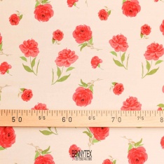 voile viscose fleurs rouge fond rosé ecru fluide