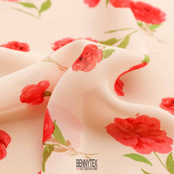 voile viscose fleurs rouge fond rosé ecru fluide