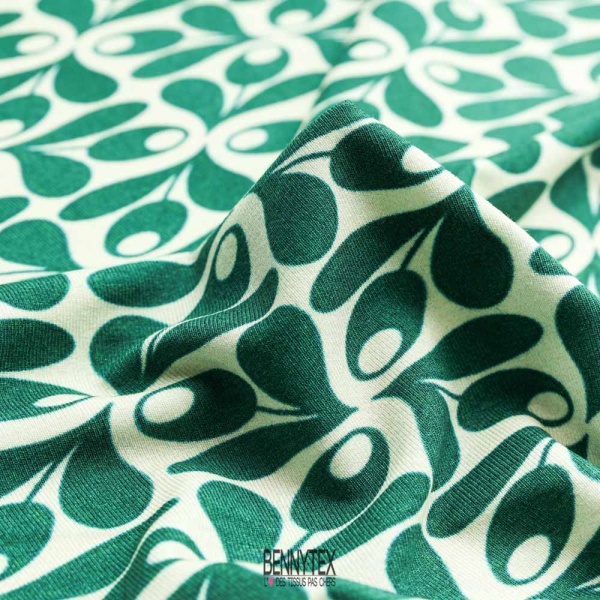 maille Jersey viscose imprimé trefle bizarre vert duck fond ecru