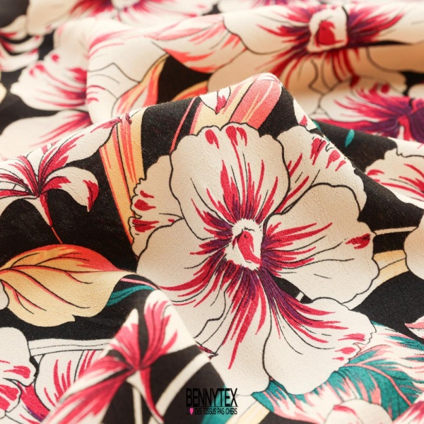 crepe viscose de luxe digital fleurs beige ecru fond noir