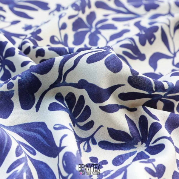 fibranne viscose fleurs fond blanc fleurs marine roi