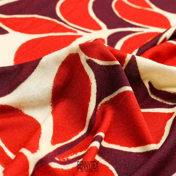 jersey de lin viscose souple grosse fleurs brique bordeau ecru
