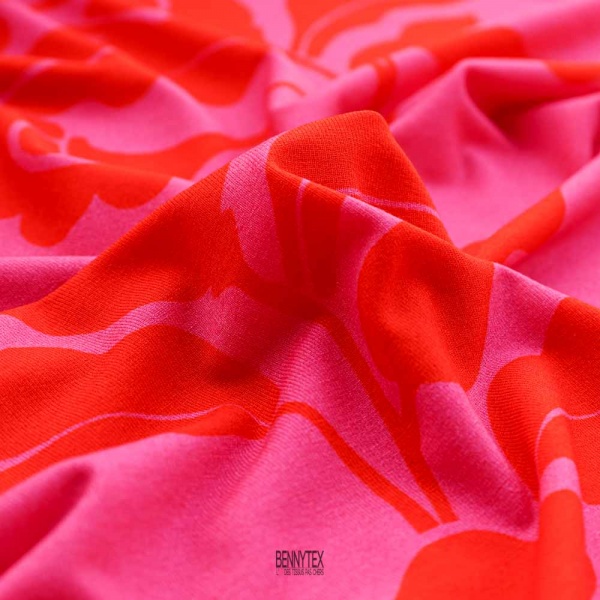 jersey viscose maille rose fushia feuille en tige orange