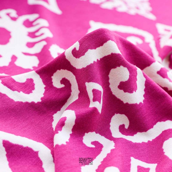 Jersey viscose arabesque blanc fushia violine