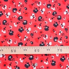 crepe marocain viscose luxe fond rouge fleurs noir blanc cassé