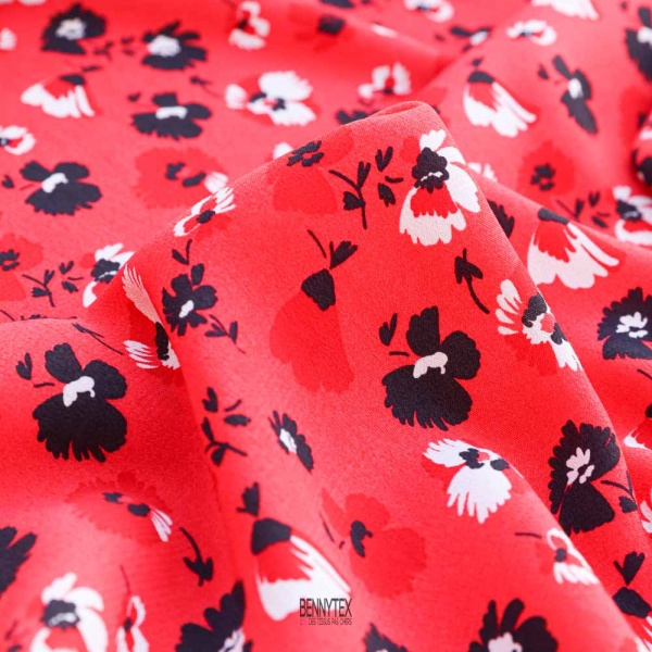 crepe marocain viscose luxe fond rouge fleurs noir blanc cassé