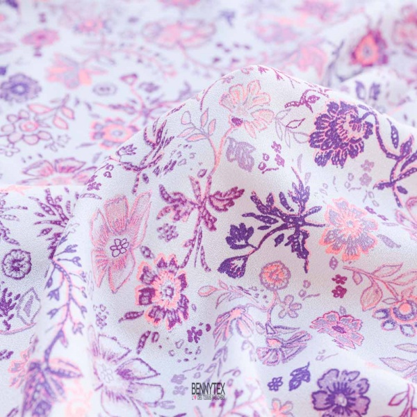 fibranne viscose twill ikkf fond blanc fleurs mauve et rose fluo enfant