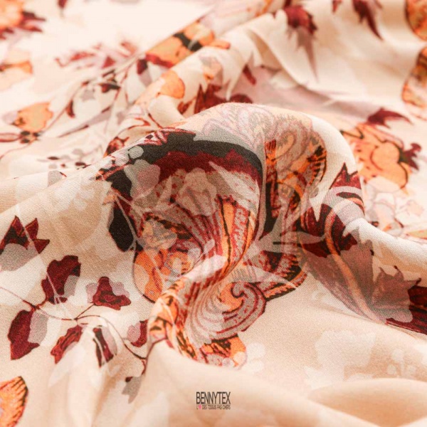 satin de viscose de luxe fleurs cachemire rose poudre ton sur ton splendide