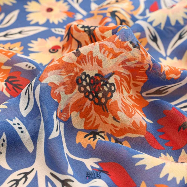 crepe georgette soie haute couture bleu electrique a fleurs