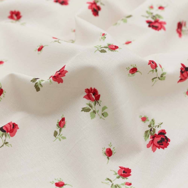 popeline de coton elasthanne 100 fils fond blanc fleurs rouges