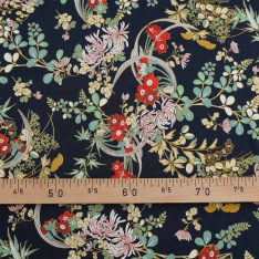 satin de coton japonais luxe fleurs fond marine