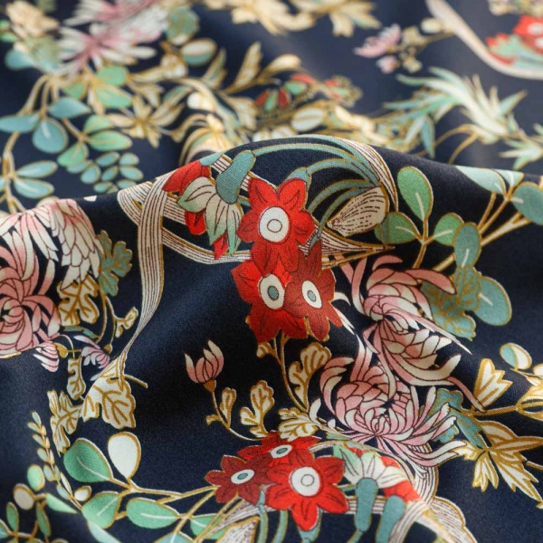 satin de coton japonais luxe fleurs fond marine