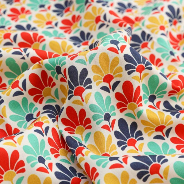 popeline satin de coton fleurs fond blanc multicolor