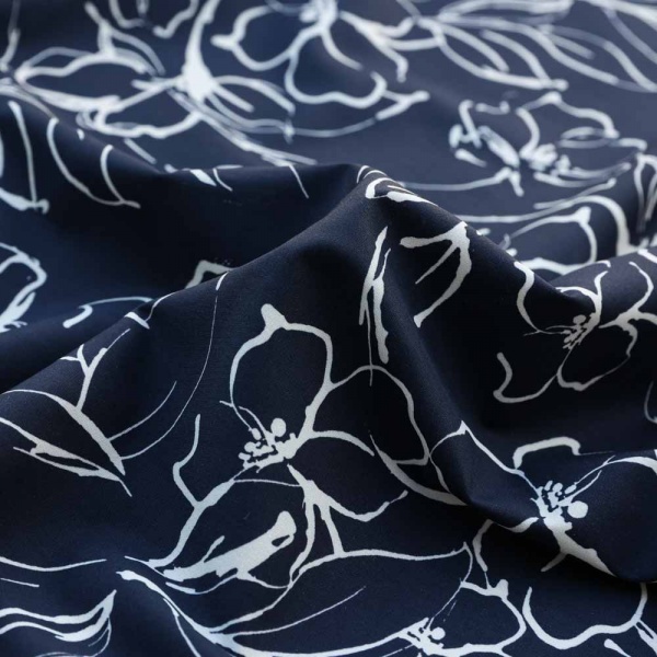 popeline souple italienne fleurs abstrait bleu nuit ligne blanche