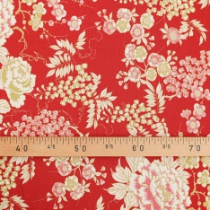 toile cretonne strech fleurs beige rosé fond framboise rouge