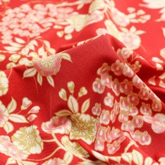 toile cretonne strech fleurs beige rosé fond framboise rouge