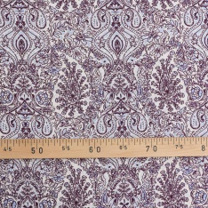 lin viscose motif cachemire fond ecru dessin prune bleu pale