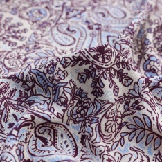lin viscose motif cachemire fond ecru dessin prune bleu pale