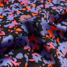 satin viscose dessin tacheté violine fuchia orange